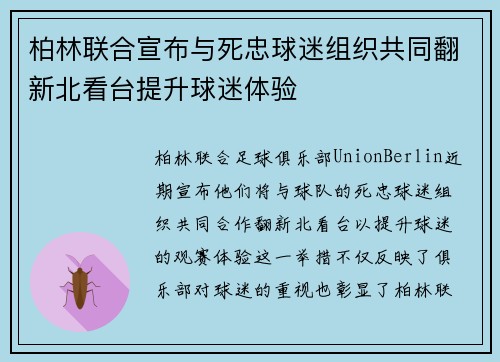柏林联合宣布与死忠球迷组织共同翻新北看台提升球迷体验 柏林联合宣布与死忠球迷组织共同翻新北看台提升球迷体验