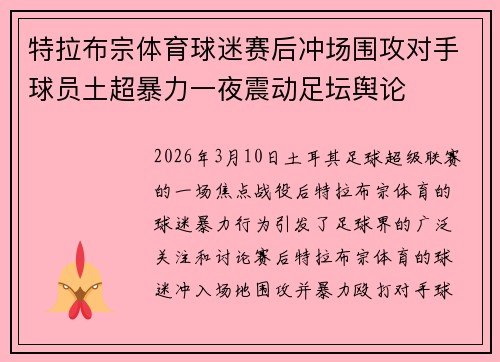 特拉布宗体育球迷赛后冲场围攻对手球员土超暴力一夜震动足坛舆论 特拉布宗体育球迷赛后冲场围攻对手球员土超暴力一夜震动足坛舆论